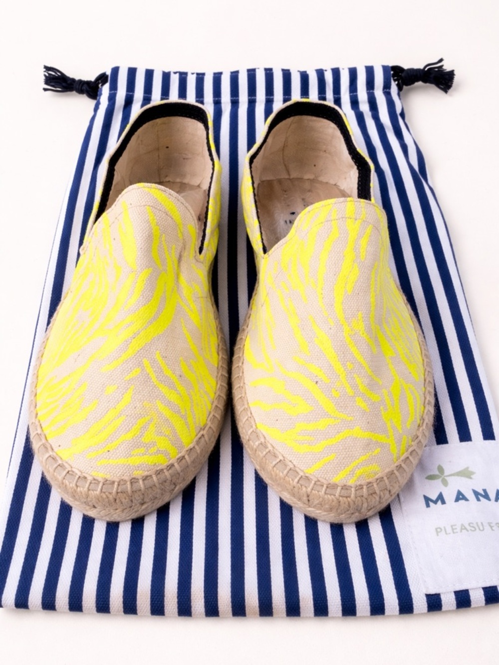 Manebi Neon Yellow Zebra Espadrilles Size 37 Slip On Flats US 6.5 NWT